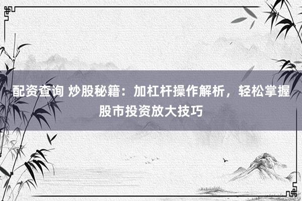 配资查询 炒股秘籍：加杠杆操作解析，轻松掌握股市投资放大技巧